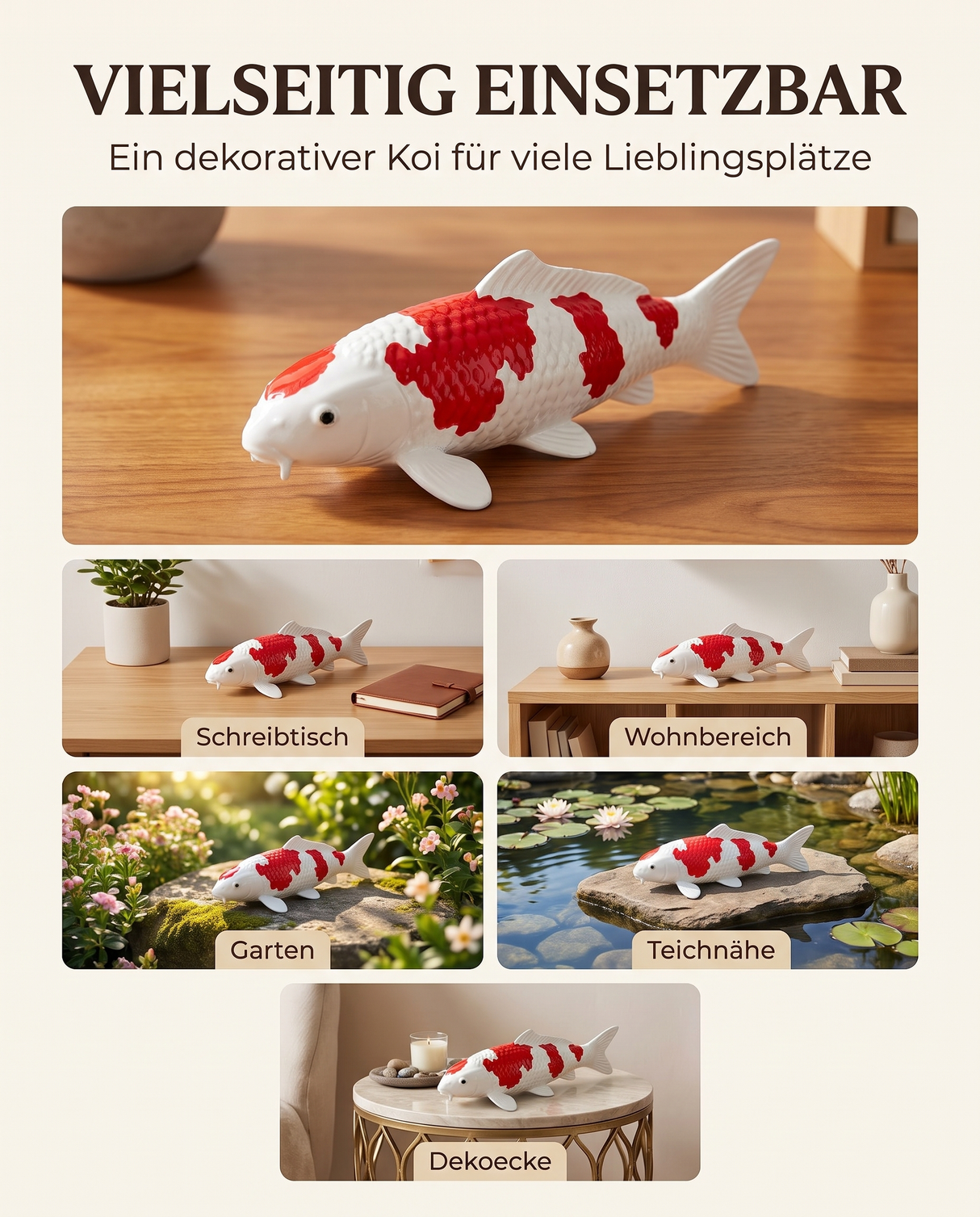 Kohaku Koi-Figur als vielseitige Japan-Deko für Schreibtisch, Wohnbereich, Garten, Terrasse und Teichbereich