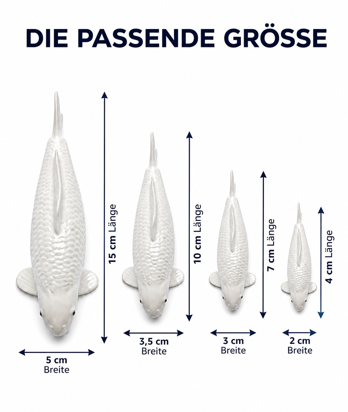 Weisse unbemalte Koi Figur Groessenvergleich 15 cm 10 cm 7 cm 4 cm Breite 5 3,5 3 2 cm