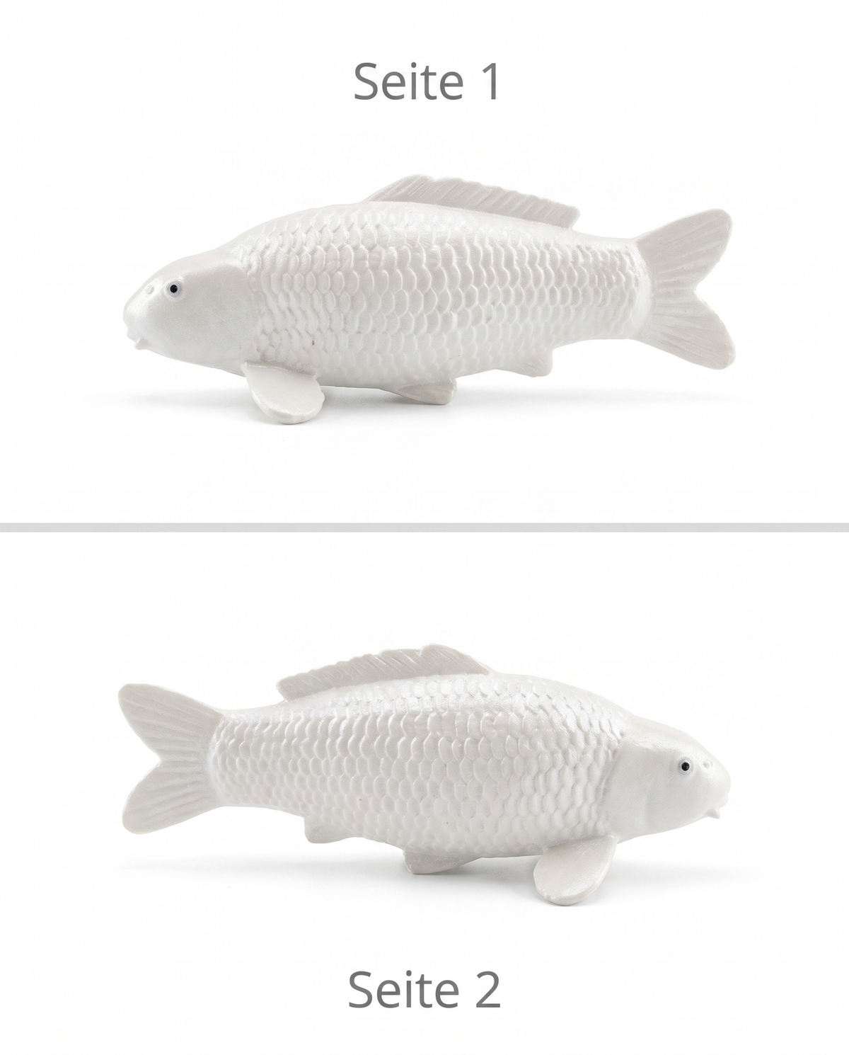 Weisse unbemalte Koi Figur Seitenansichten beidseitig Schuppenstruktur Flossen Fischfigur Rohling Detailansicht Dekoration Bastelfigur Modell Koi Deko Oberfläche Seitenprofil