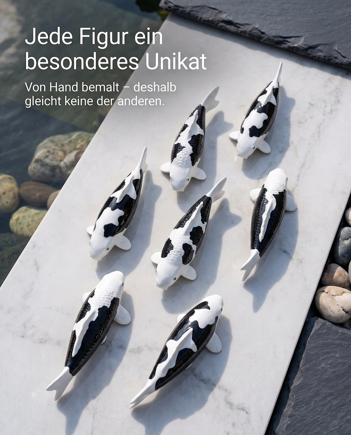 Sieben handbemalte Kumonryu Koi Figuren schwarz weiss Unikate Teichdeko Gartendeko Japan Deko Fischfiguren Handarbeit Steinplatte Sammlerstuecke Dekoration KoiLiebhaber