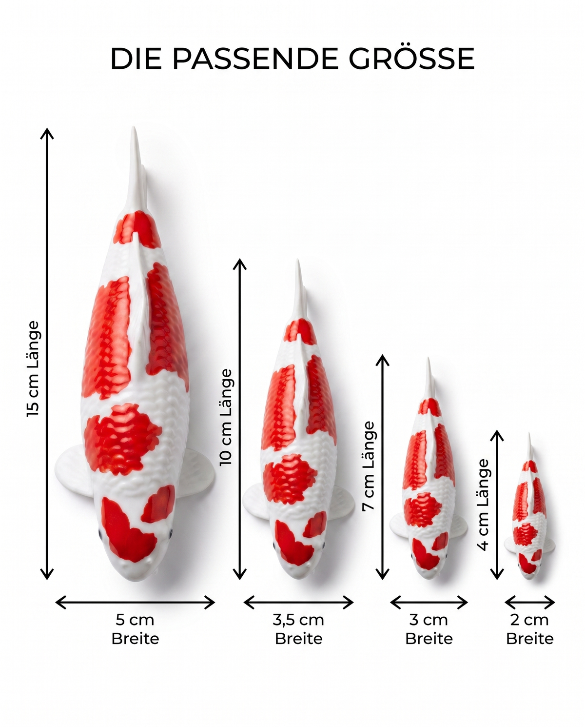 Koi Figur rot weiss Groessenvergleich 15 cm 10 cm 7 cm 4 cm Laenge Breite handbemalt Fischfigur Groessenwahl