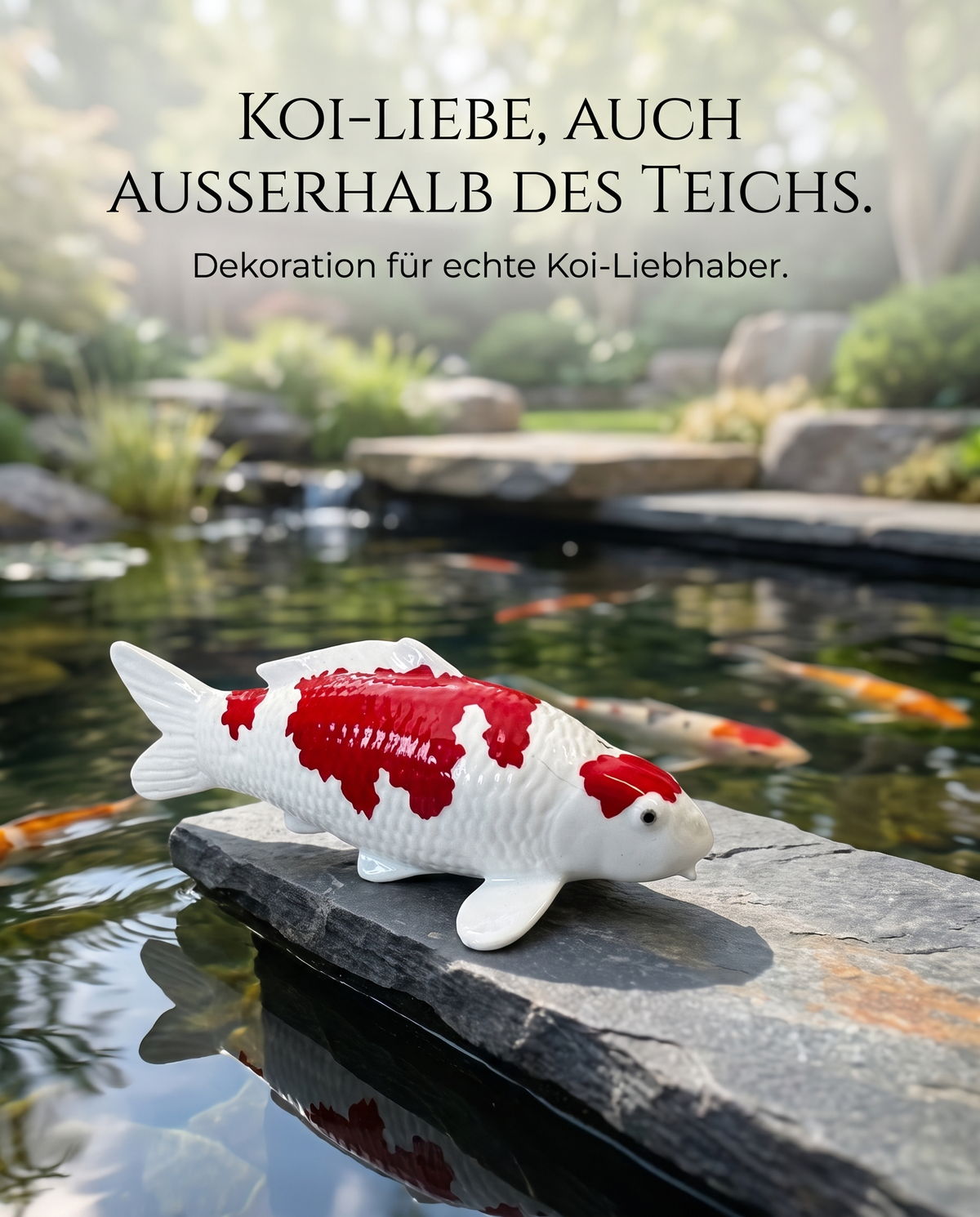 Handbemalte Koi Figur rot weiss am Teichrand im Garten mit Steinplatte Fischteich und echten Koi im Hintergrund Dekoration