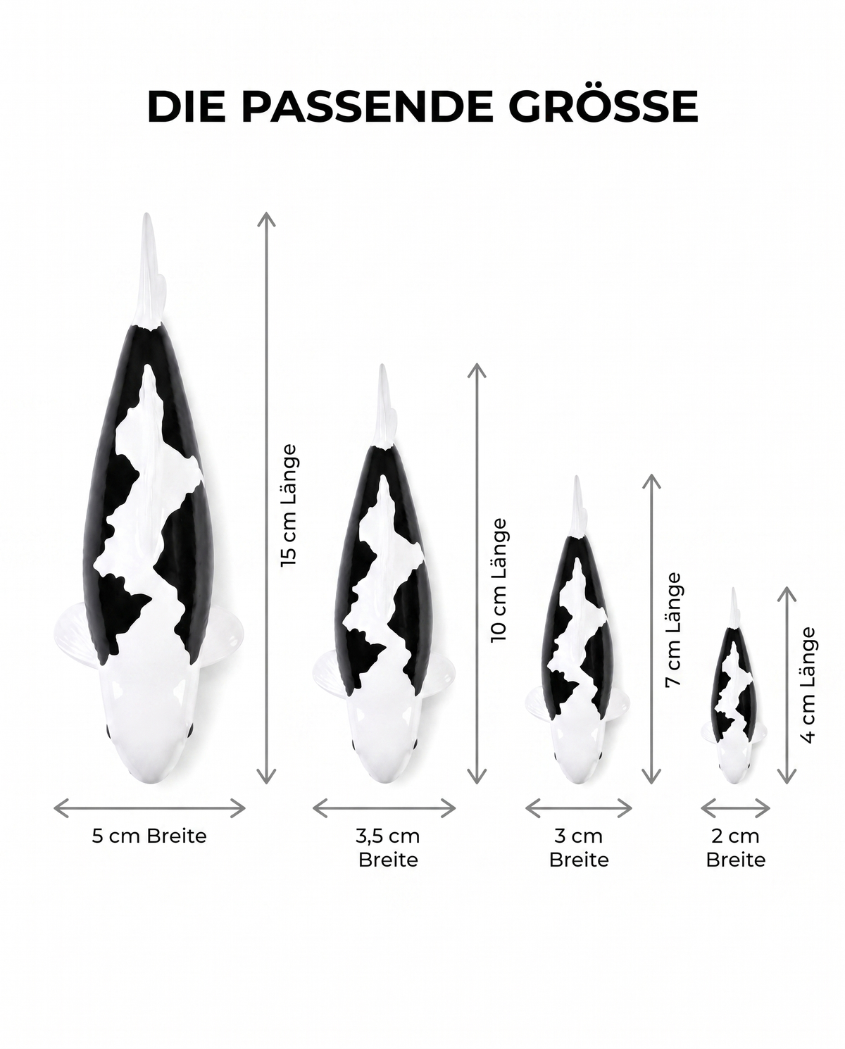 Koi Figur schwarz weiss Groessenvergleich 15 cm 10 cm 7 cm 4 cm Laenge Breite handbemalt Fischfigur Groessenwahl