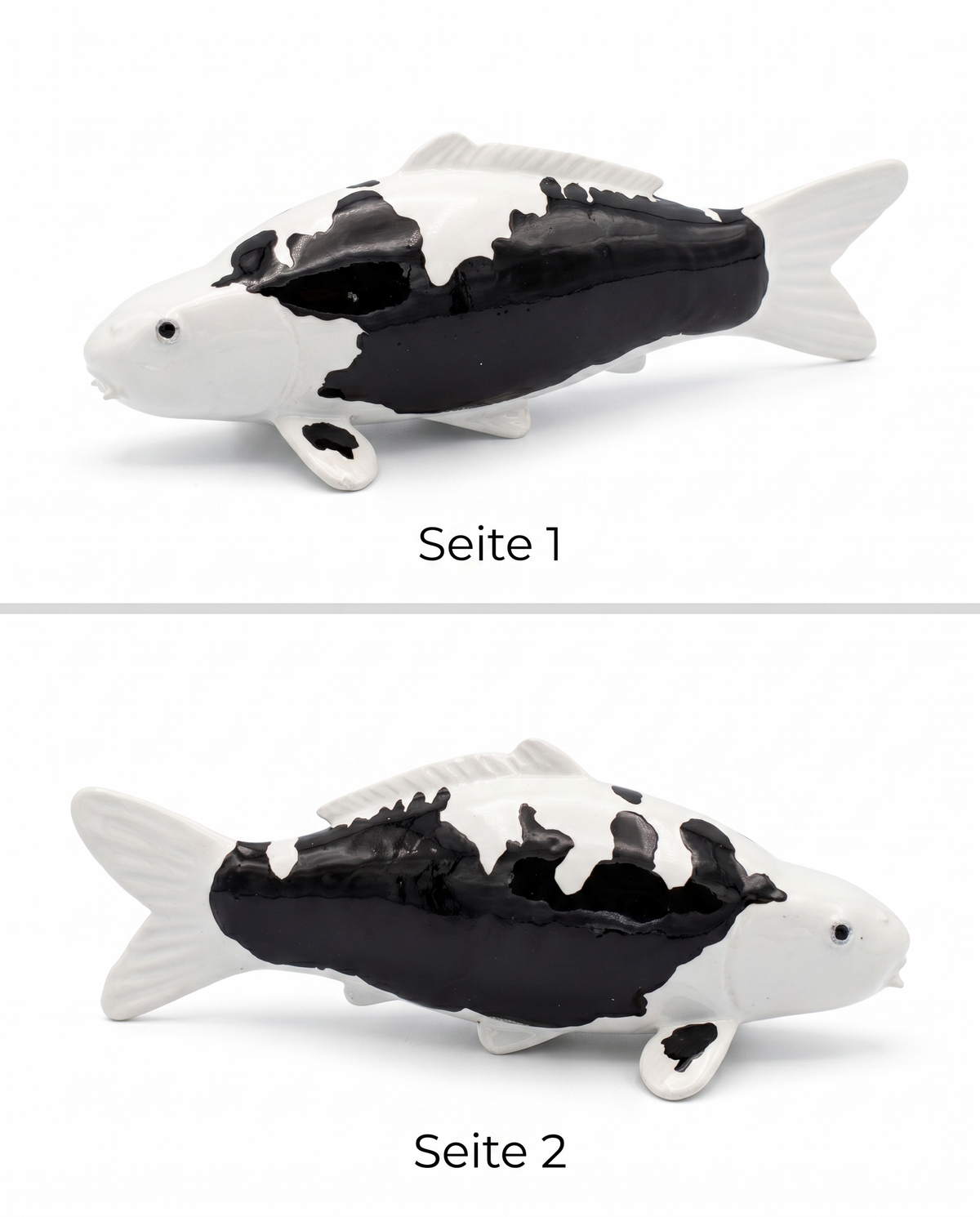 Handbemalte Koi Figur schwarz weiss Seitenansicht beidseitig Fischfigur Flossen Farbgebung Handarbeit Unikat Detailansicht Seitenprofil KoiDeko Dekoration Sammlerstueck Wohnaccessoire