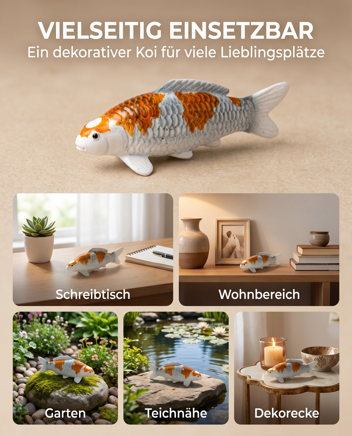 Handbemalte Kujaku Koi-Figur als vielseitige Dekoration für Schreibtisch, Wohnbereich, Garten und Teichnähe.