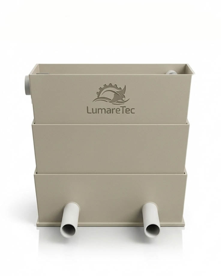 LumareTec ClearFlow 100 Rieselfilter für Koiteiche Seitenansicht mit Filterstufen und Rohranschlüssen