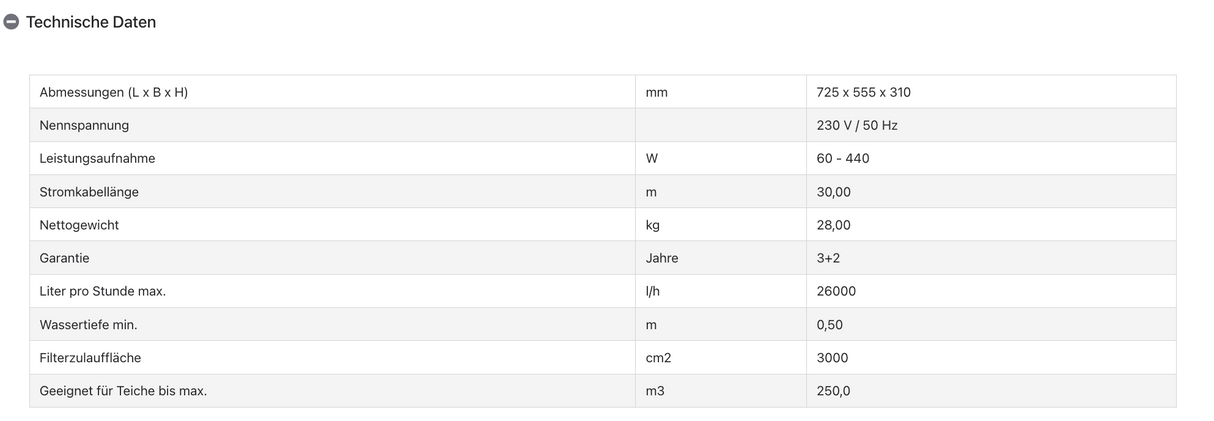 Technische Daten des Oase AquaAir Eco 250 für Koi- und Gartenteiche