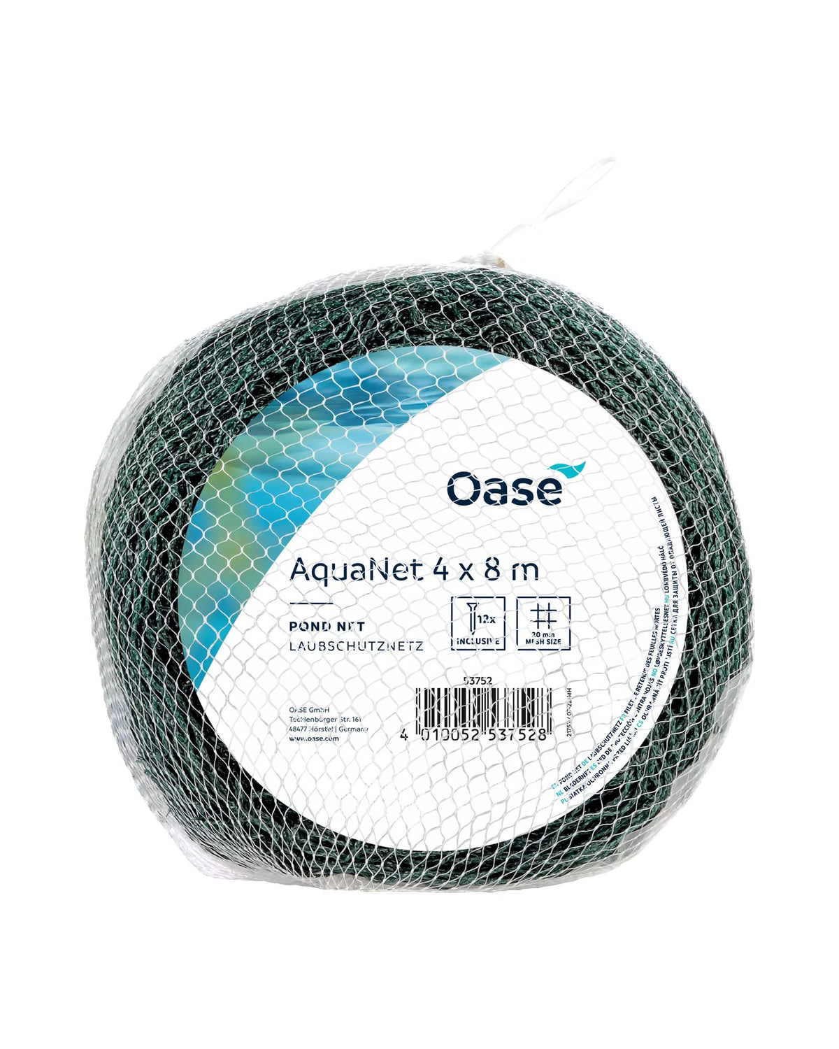 OASE AquaNet 4 × 8 m: aufgerolltes Teichnetz in der Packung mit Etikett