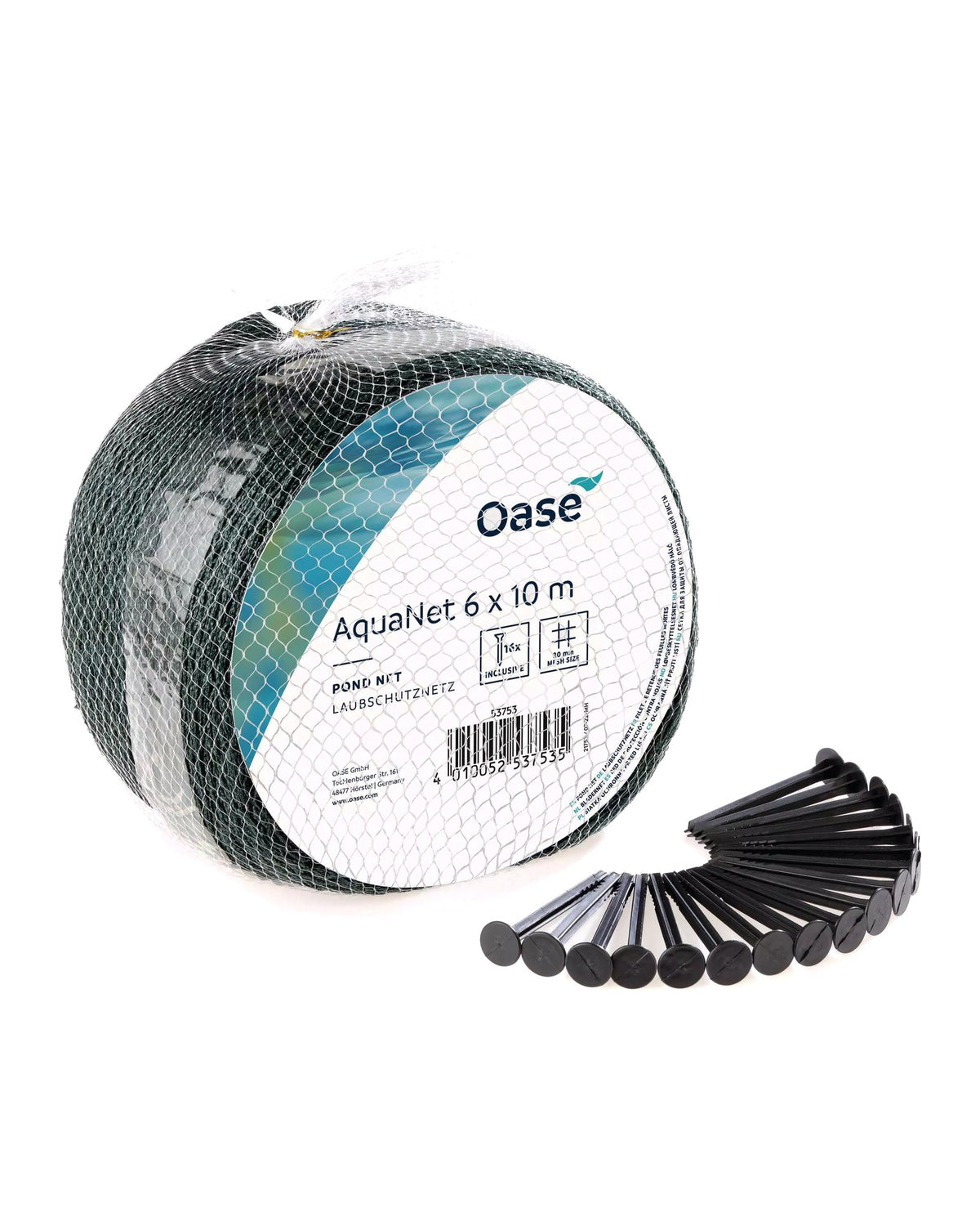 OASE AquaNet 6 × 10 m in der Packung, davor die 18 mitgelieferten Erdspieße