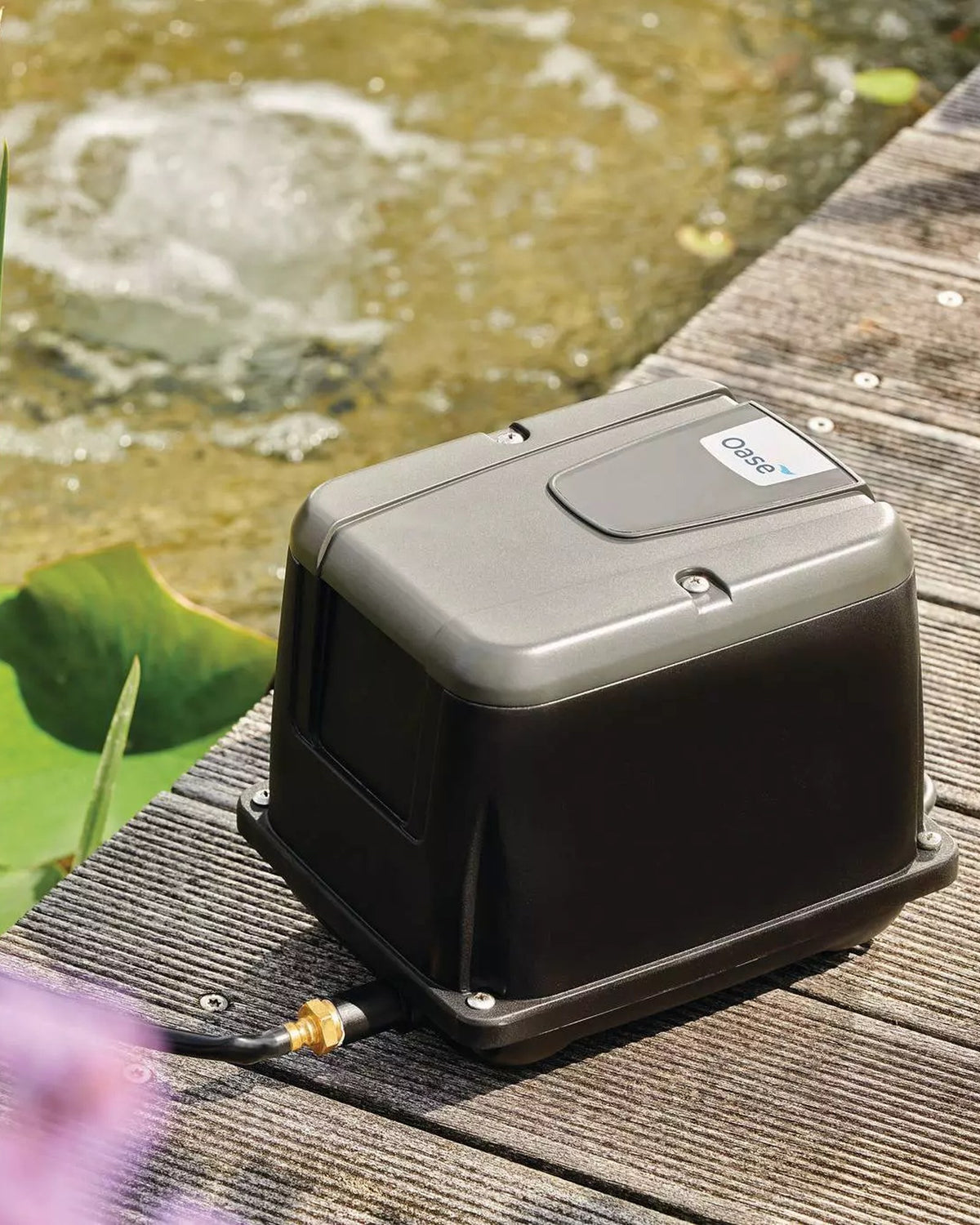 OASE AquaOxy 2500 auf einem Holzsteg am Teich, im Hintergrund sprudelt die Belüftung