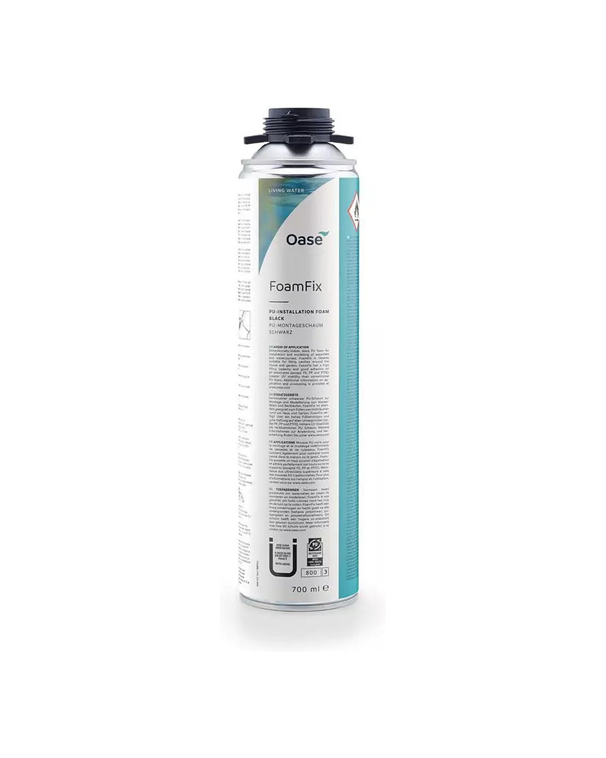 OASE FoamFix 700-ml-Dose von vorn mit Etikett „PU-Montageschaum schwarz“