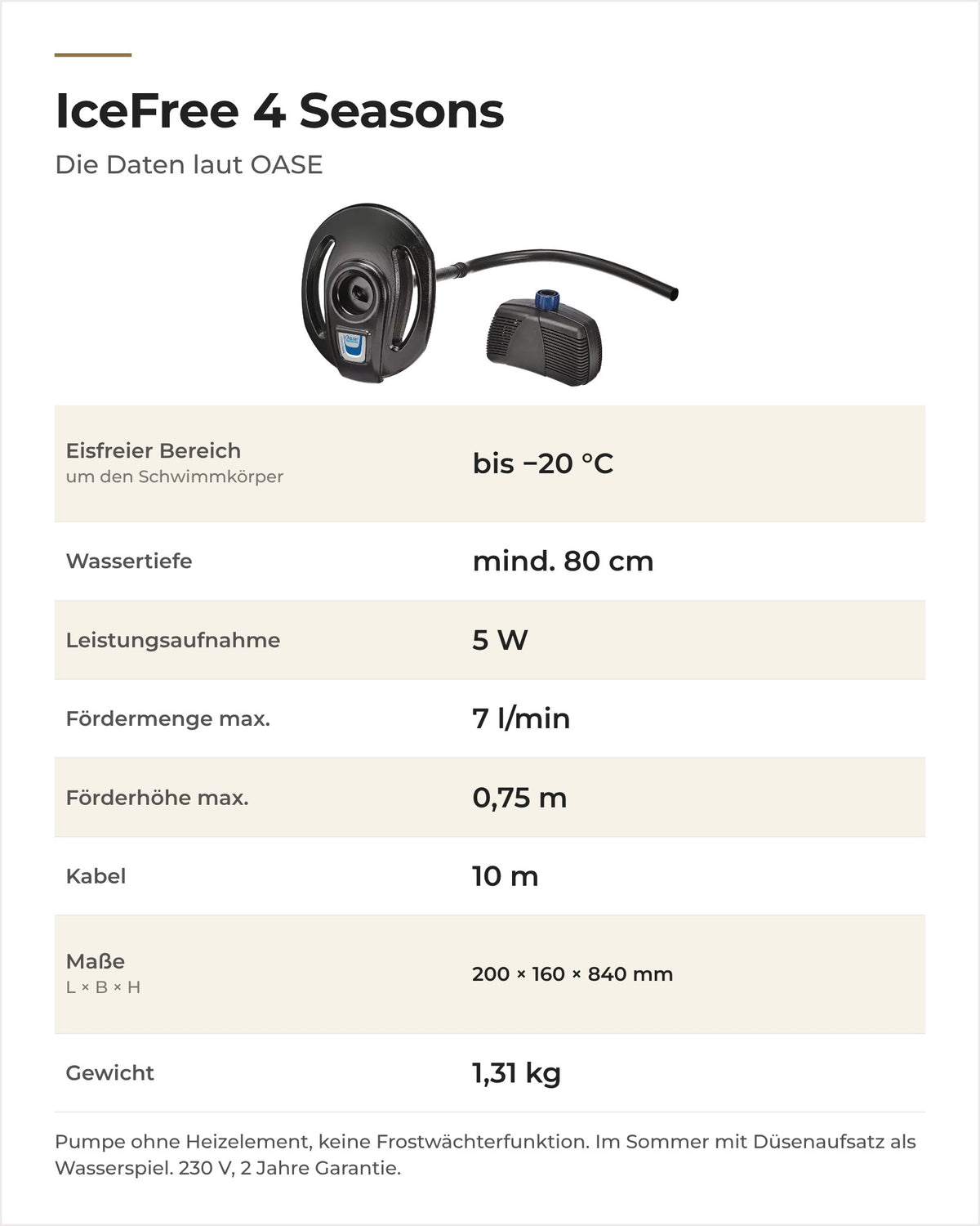 Daten OASE IceFree 4 Seasons: eisfreier Bereich, Wassertiefe, Leistung, Fördermenge, Kabel, Maße und Gewicht