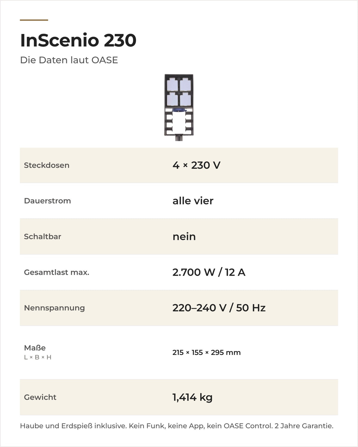 Daten OASE InScenio 230: vier Steckdosen mit Dauerstrom, Gesamtlast, Spannung, Maße und Gewicht