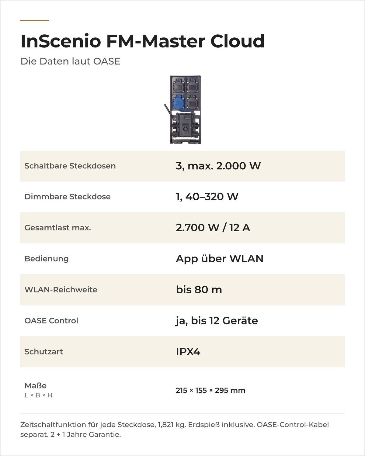 Daten OASE InScenio FM-Master Cloud: Steckdosen, Gesamtlast, App, WLAN-Reichweite, OASE Control und Maße