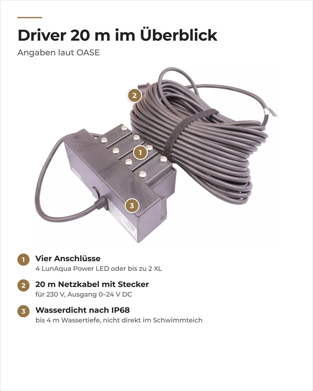 OASE LunAqua Power LED Driver 20 m mit Nummern: vier Anschlüsse, Netzkabel mit Stecker, wasserdichtes Gehäuse