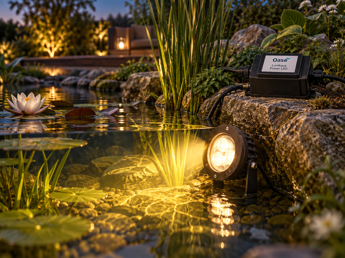 OASE LunAqua Power LED Set 1 im Gartenteich mit warmweißer Unterwasserbeleuchtung zwischen Wasserpflanzen und Steinen