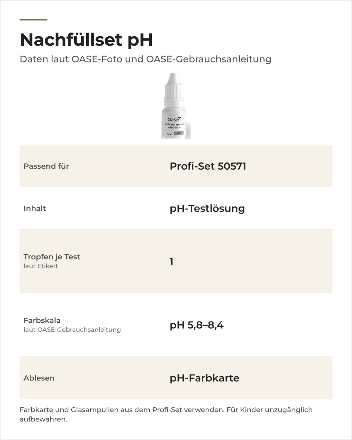 Daten OASE Nachfüllset pH 50664: Inhalt, Tropfen je Test, Farbskala