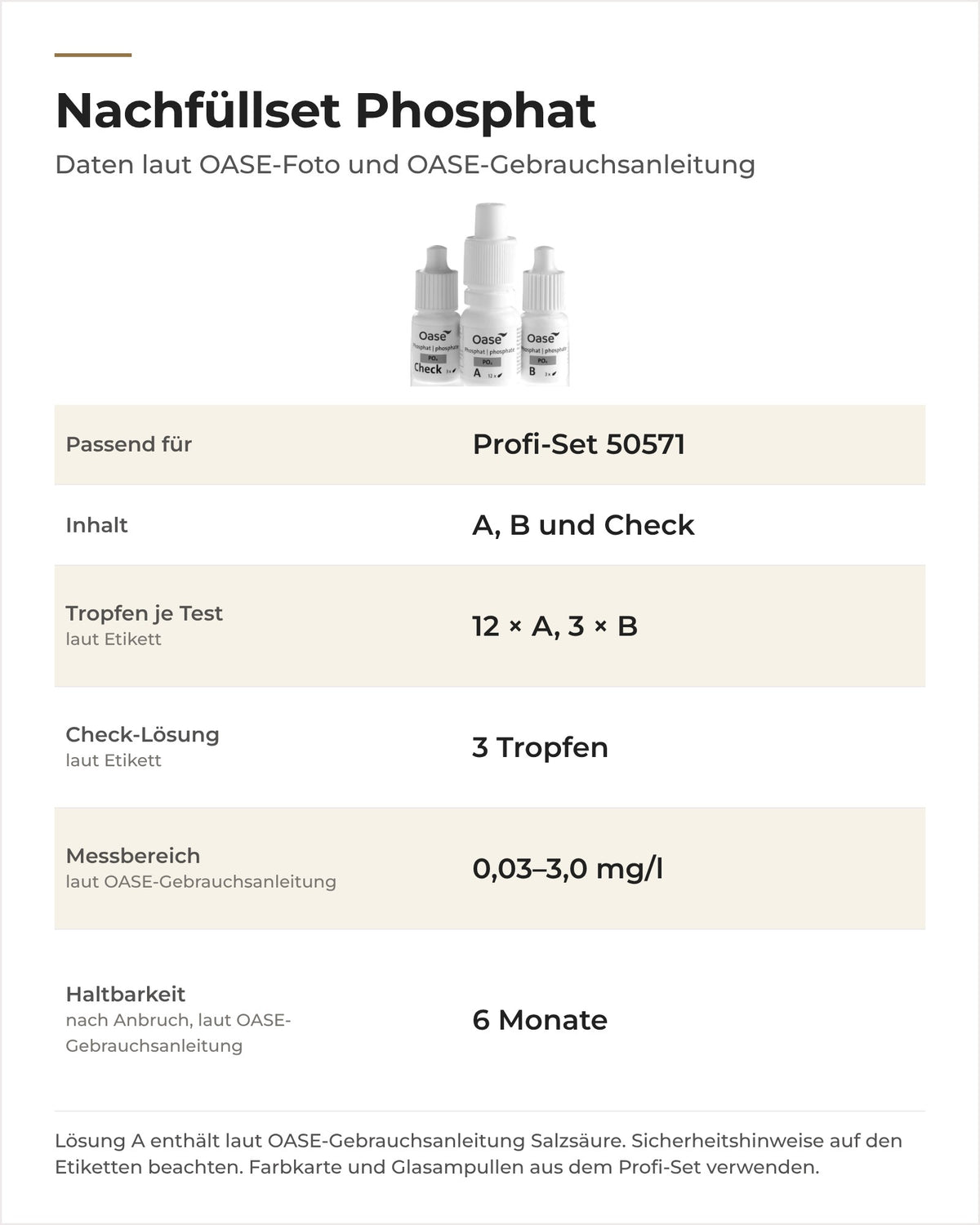 Daten OASE Nachfüllset Phosphat 50661: Inhalt, Tropfen je Test, Messbereich, Haltbarkeit
