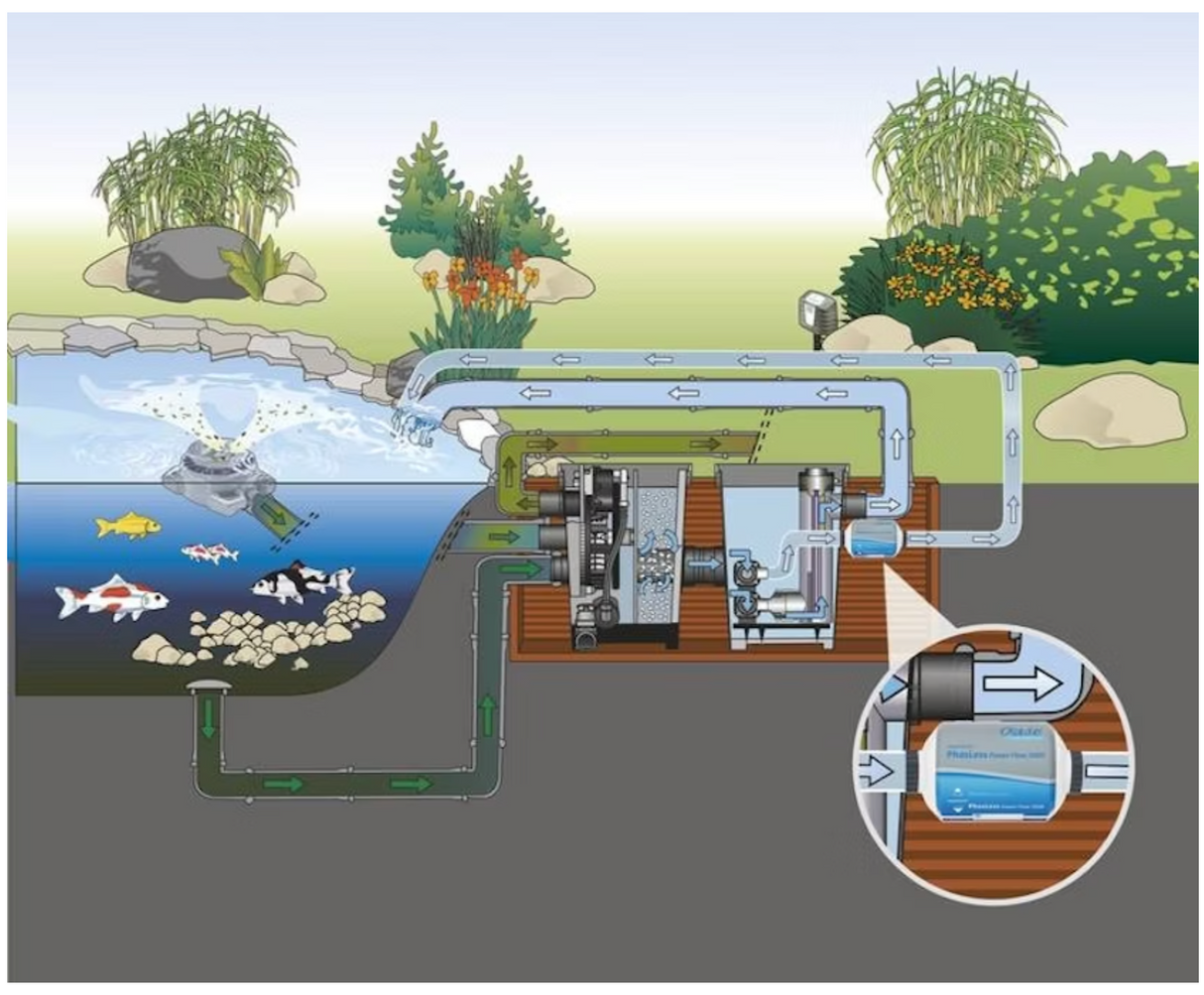 Einbauschema Oase PhosLess Flow 3000 im Teichfiltersystem zur Reduzierung von Phosphat im Koi- und Gartenteich