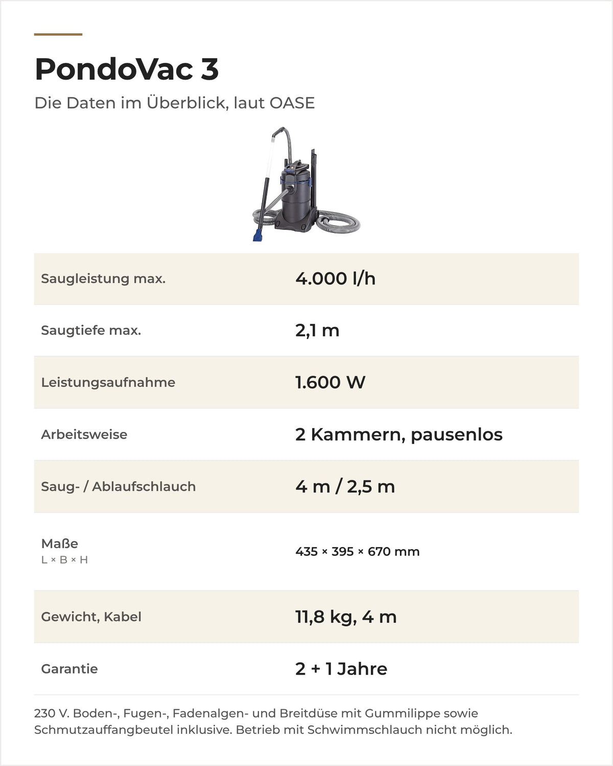 Daten OASE PondoVac 3: Saugleistung, Saugtiefe, Leistung, Arbeitsweise, Schläuche, Maße und Gewicht