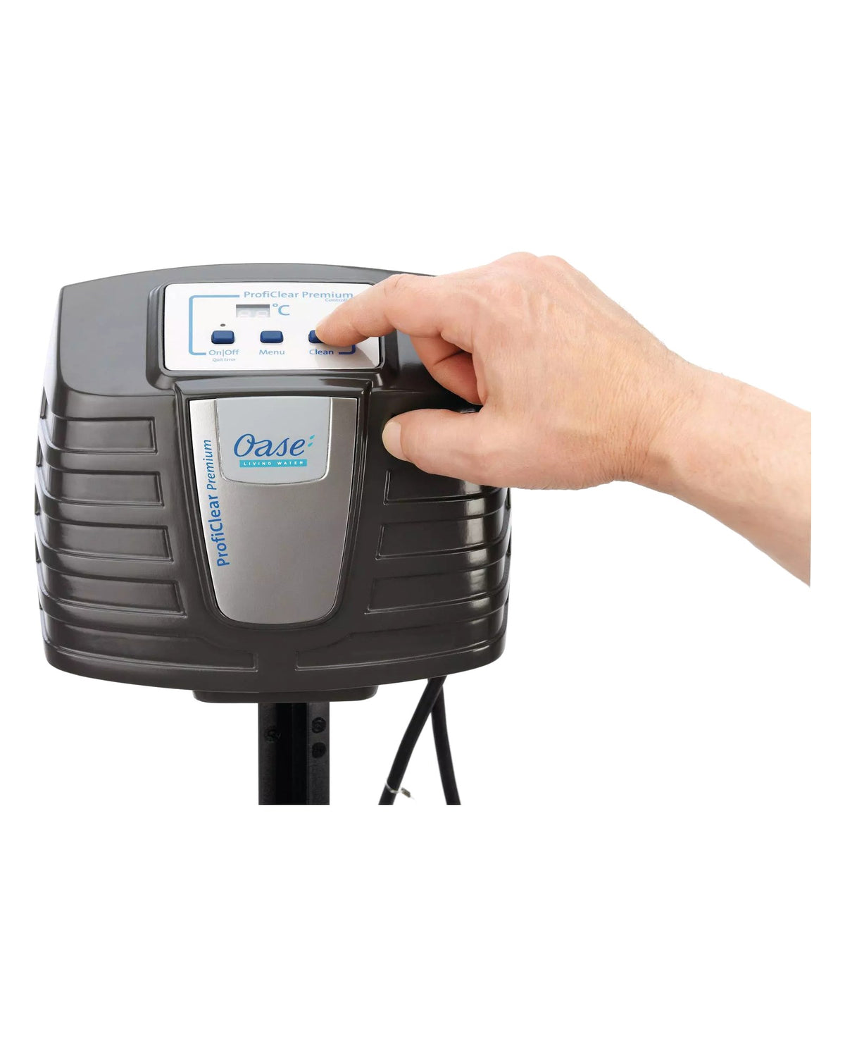Steuereinheit des OASE ProfiClear Premium mit Temperaturanzeige und Tasten für die Spülung
