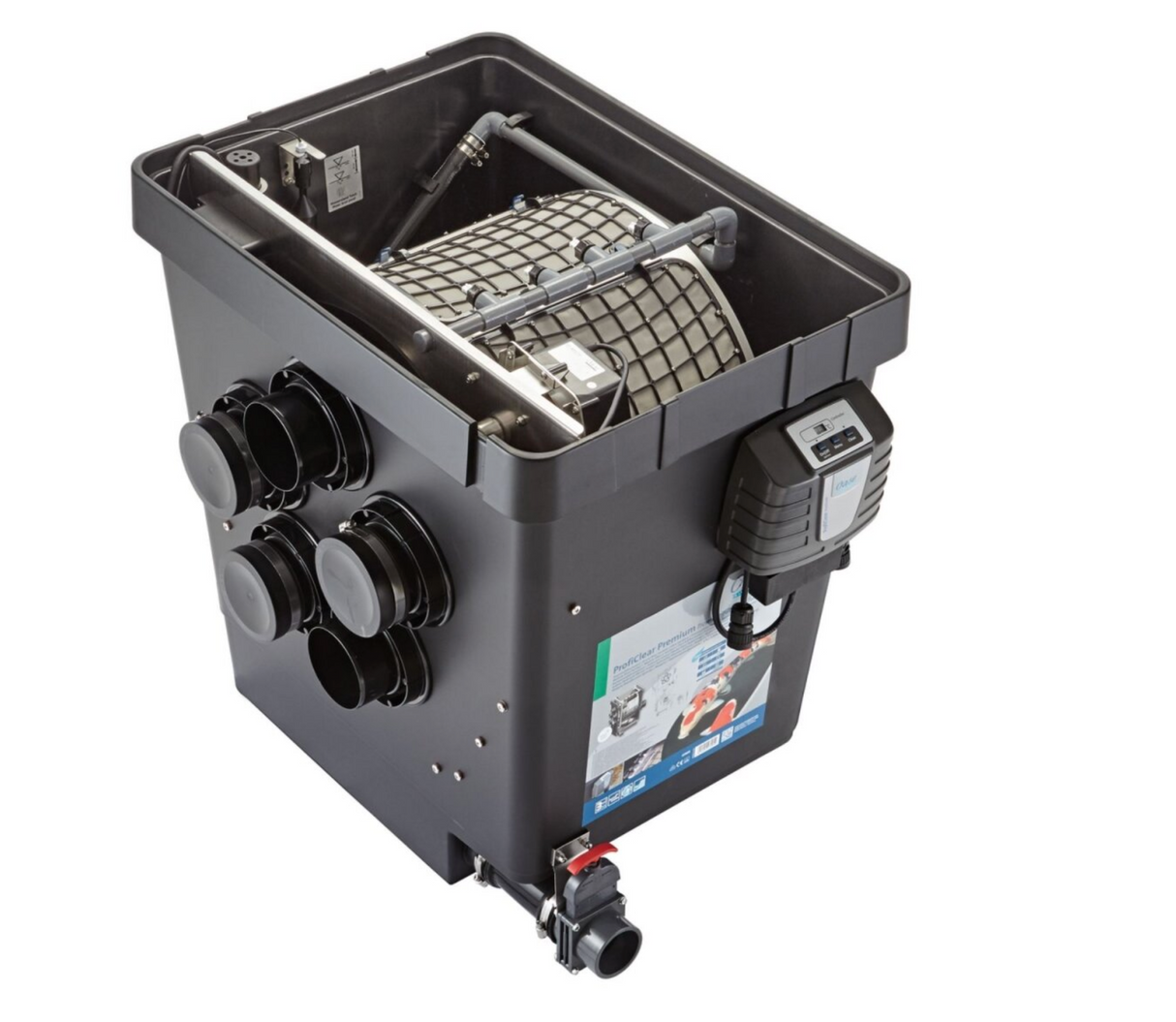 Geöffneter OASE ProfiClear Premium TF-L Gravitation OC mit sichtbarer Filtertrommel, Spülrohr und OASE Control für die automatische Vorfilterung von Koiteichen.