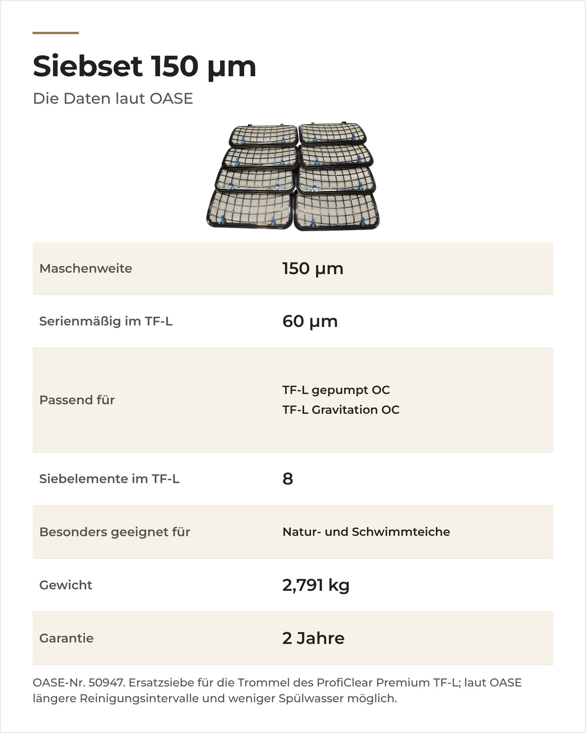 Daten OASE ProfiClear Premium Siebset 150 µm: Maschenweite, passende Filter, Siebelemente, Gewicht, Garantie