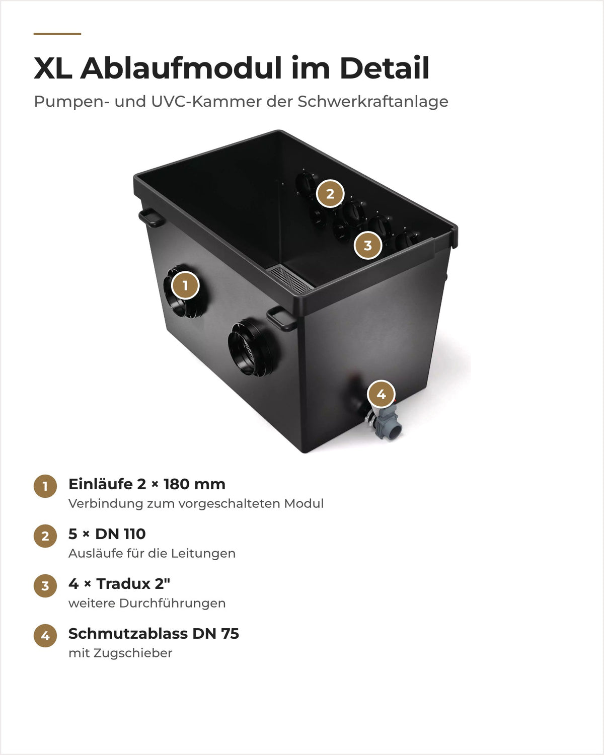 Aufbau des OASE ProfiClear Premium XL Ablaufmodul Gravitation: Einläufe, Ausläufe und Schmutzablass