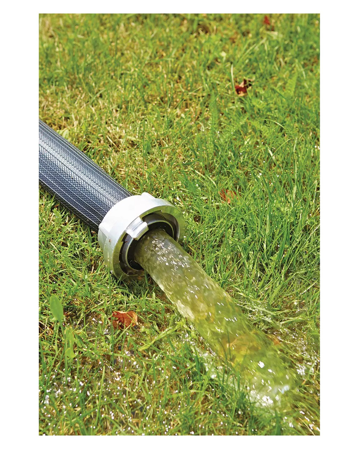 Wasser strömt aus dem Ende des OASE Rollschlauchs mit C-Kupplung auf den Rasen