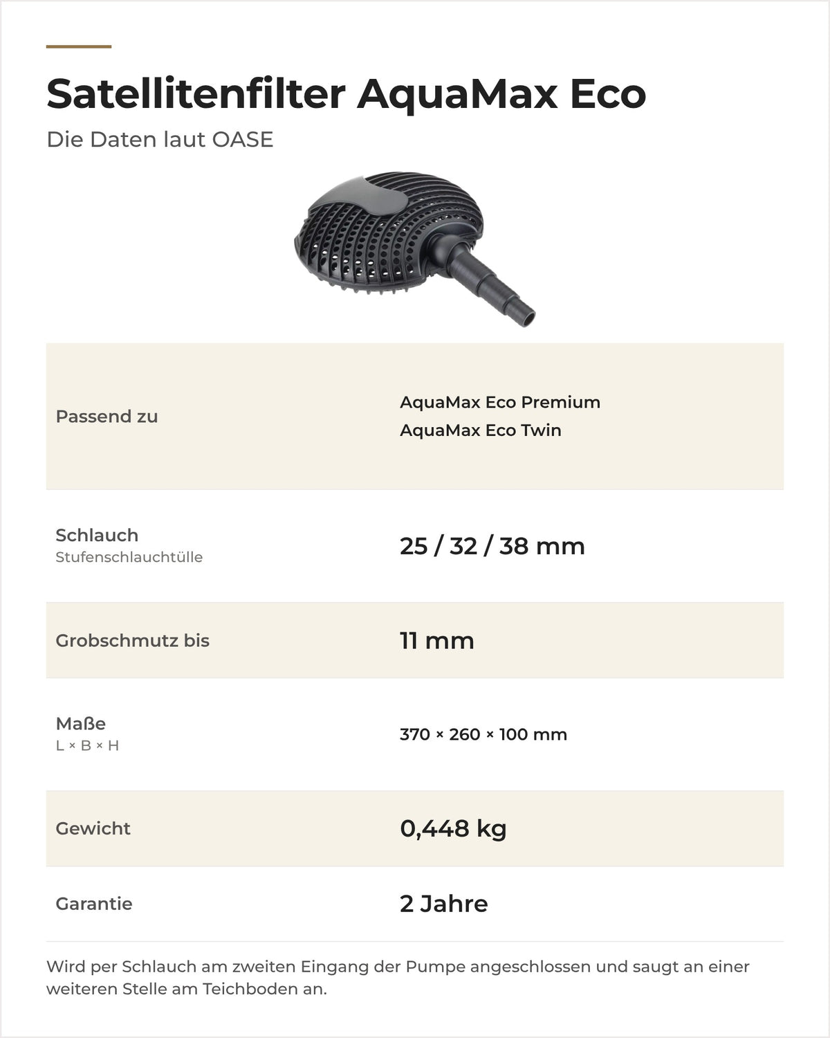 Daten OASE Satellitenfilter AquaMax Eco: passende Pumpen, Schlauchanschluss, Grobschmutz, Maße und Gewicht
