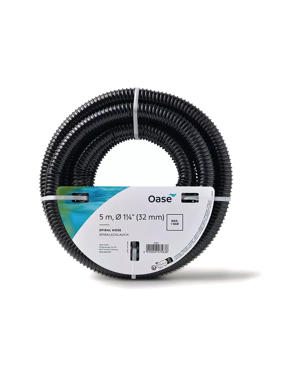 OASE Spiralschlauch schwarz 5 m, 1¼″ (32 mm), Rolle mit OASE-Etikett „MAX. 1 BAR“