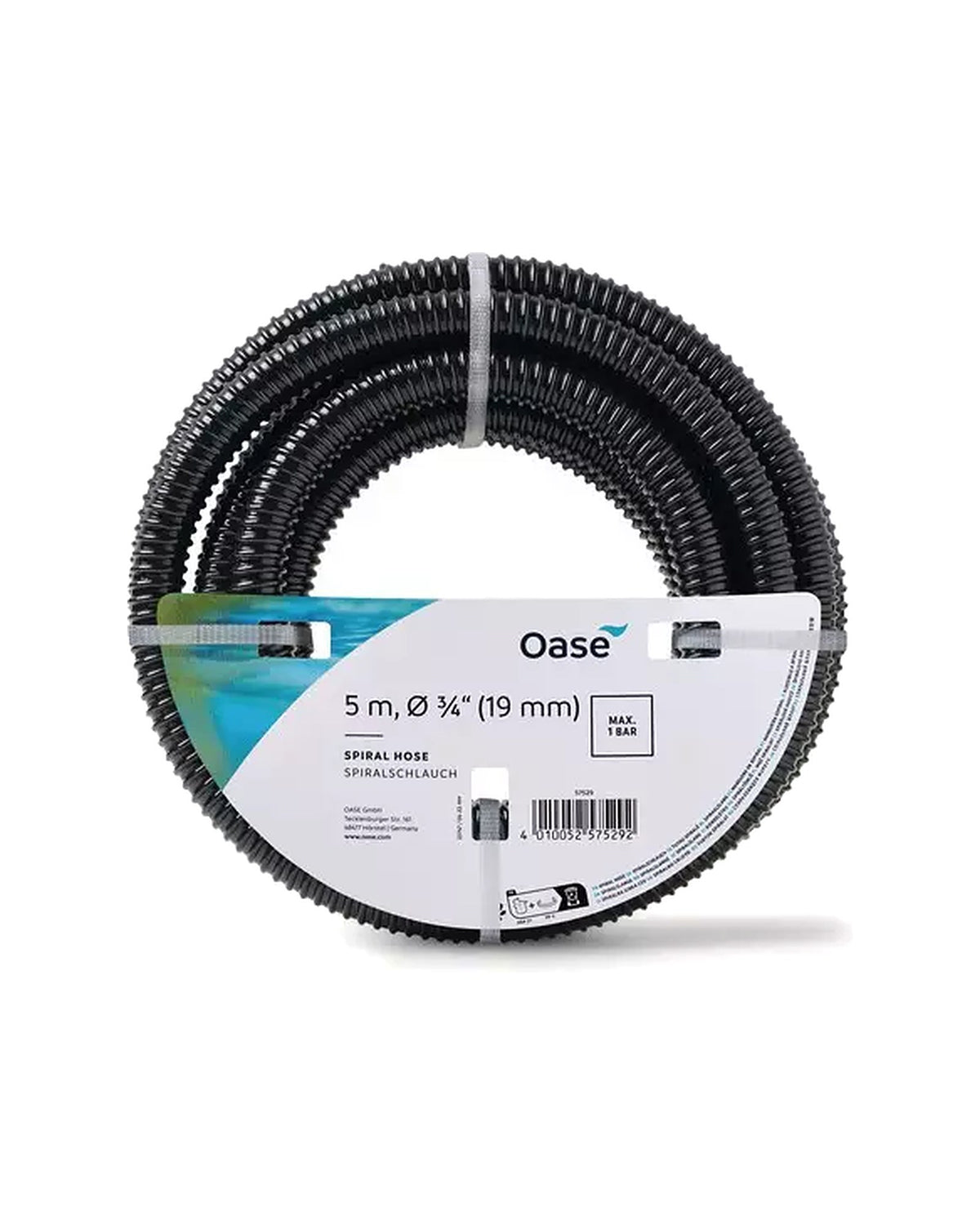 OASE Spiralschlauch schwarz 5 m, ¾″ (19 mm), Rolle mit OASE-Etikett „MAX. 1 BAR“