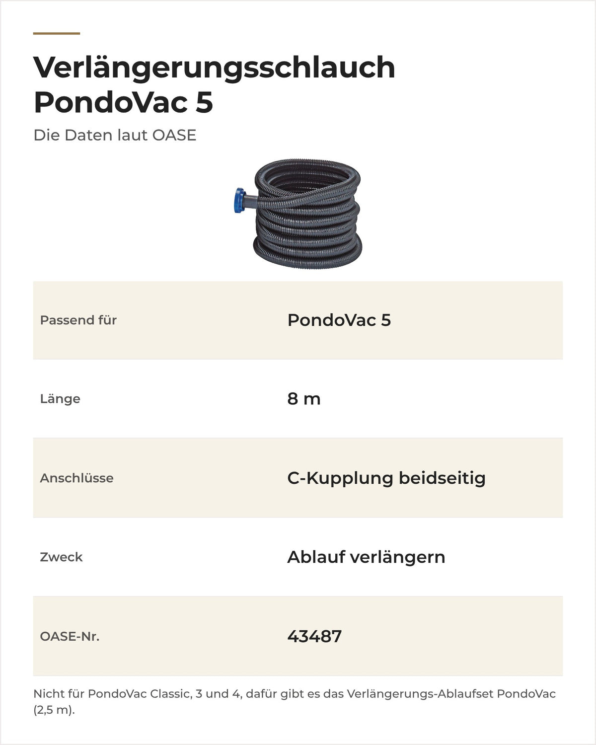 Daten OASE Verlängerungsschlauch PondoVac 5: passendes Gerät, Länge, Anschlüsse und Artikelnummer