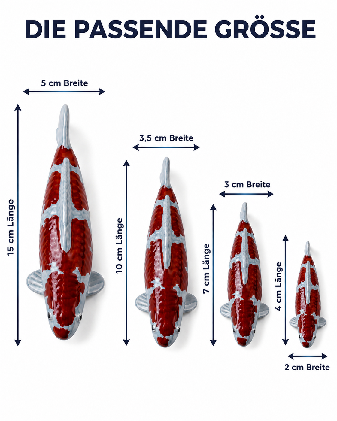 Größenvergleich einer handbemalten Koi-Figur in 15 cm, 10 cm, 7 cm und 4 cm mit Angabe der jeweiligen Länge und Breite
