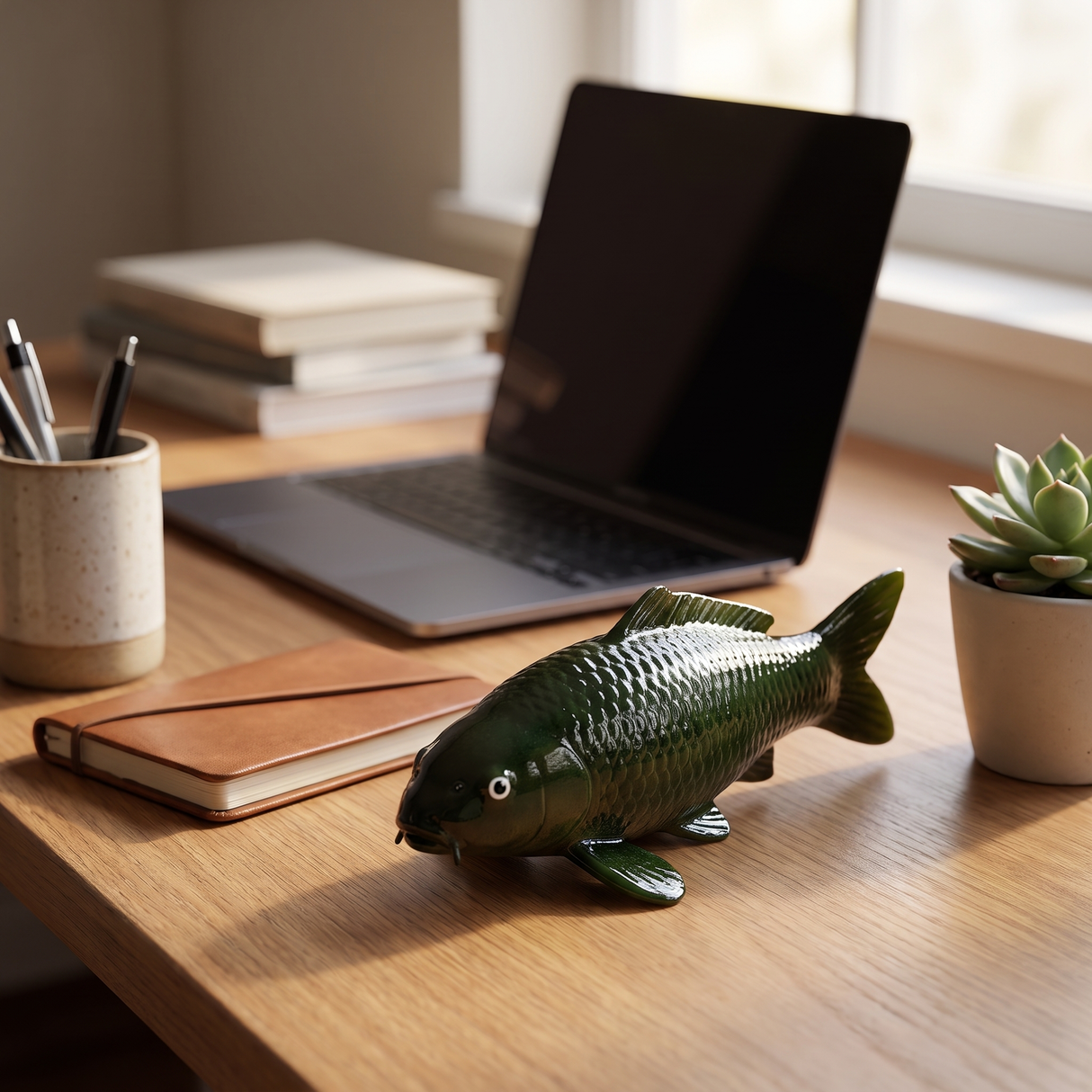 Dunkelgrüne Olive-Chagoi Koi-Figur als dekorative Fischfigur auf einem Schreibtisch – besondere Karpfen-Figur für Büro, Wohnbereich, Regal oder als Geschenkidee