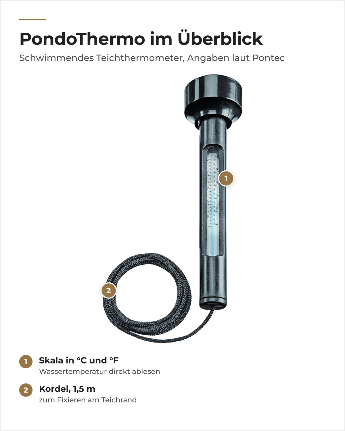 Pontec PondoThermo mit Nummern: Skala in °C und °F, 1,5 m lange Kordel