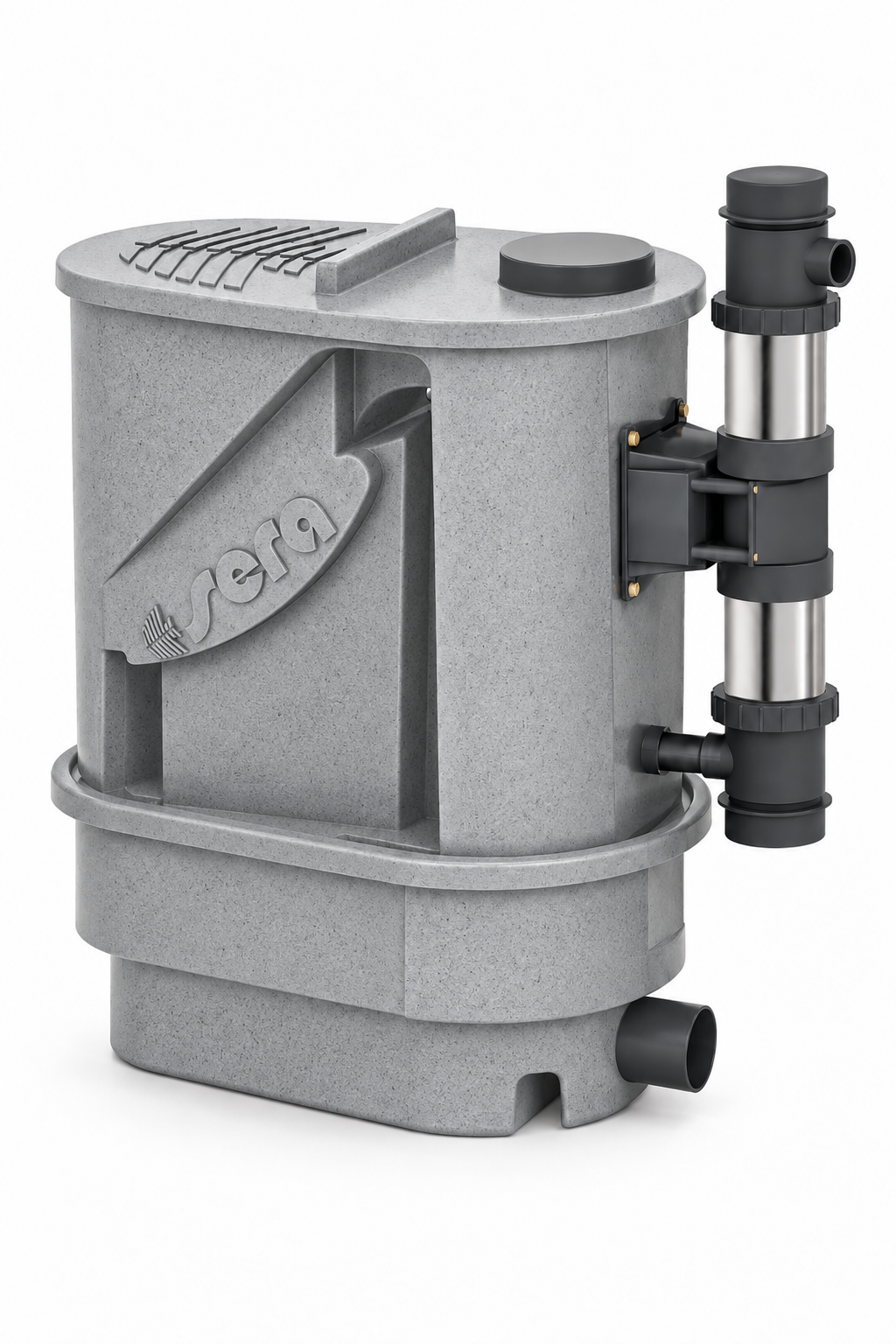 sera KOI Professional 12.000 Teichfilter in Granitgrau mit seitlich montierter UV-C-Einheit und unterem Wasserauslauf auf weißem Hintergrund