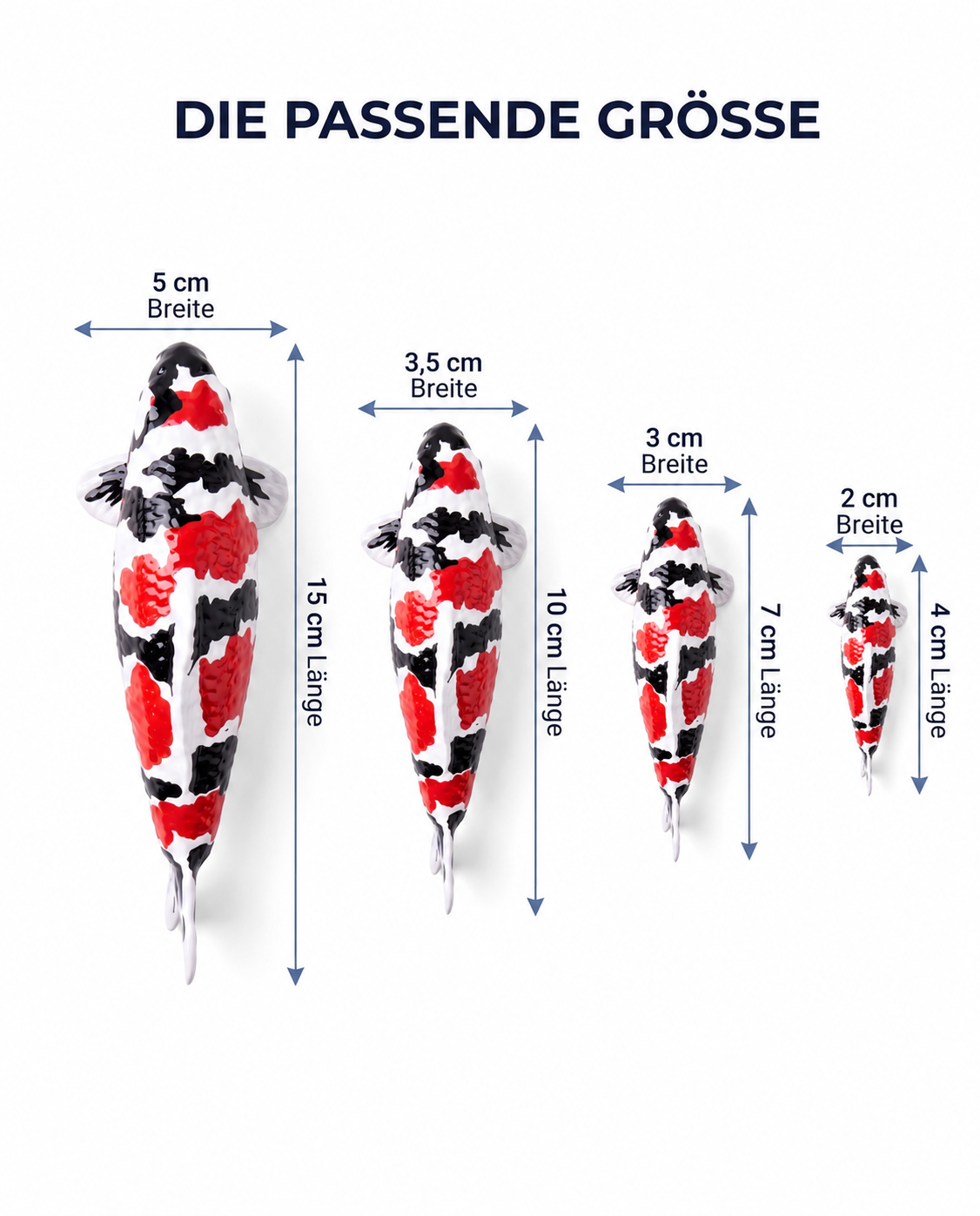 Größenvergleich handbemalter Showa Koi-Figuren in 15 cm, 10 cm, 7 cm und 4 cm mit den jeweiligen Breitenangaben