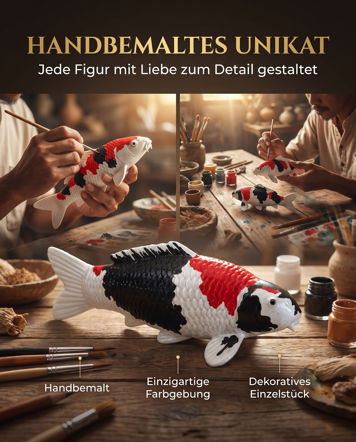 Handbemalte Showa Koi-Figur als einzigartiges Unikat mit individueller Farbgebung – besondere Fischfigur und Japan-Deko für Wohnbereich, Garten oder Teichbereich