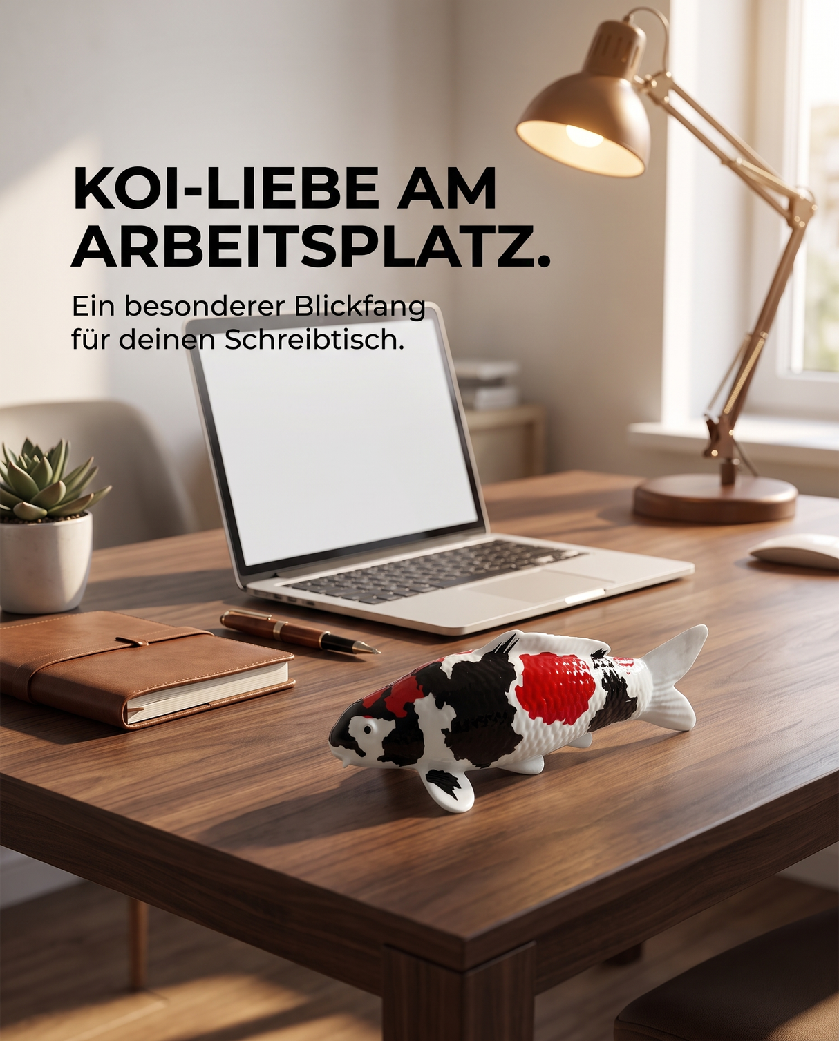 Handbemalte Showa Koi-Figur als besondere Schreibtisch-Deko am Arbeitsplatz – dekorative Fischfigur für Büro, Wohnbereich oder Regal.
