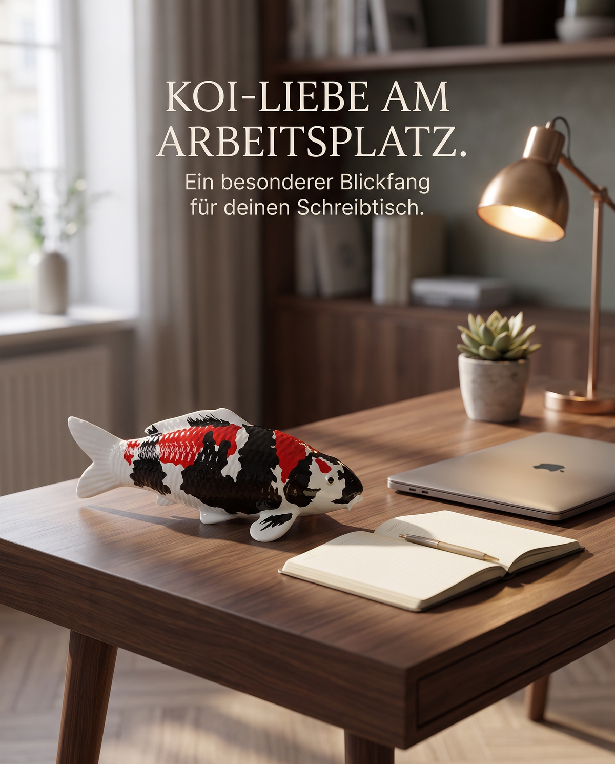 Handbemalte Showa Koi-Figur als besondere Schreibtisch-Deko am Arbeitsplatz – dekorative Karpfen-Figur für Büro, Wohnbereich oder Regal