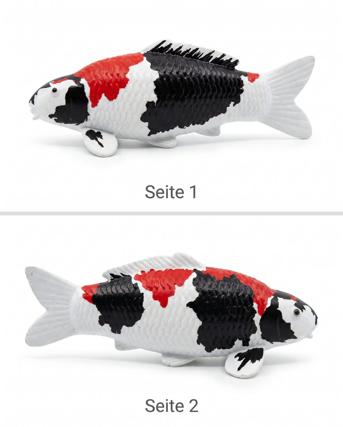 Handbemalte Showa Koi-Figur in zwei Seitenansichten mit rot-schwarz-weißer Zeichnung – dekorative Fischfigur als besonderes Unikat für Wohnbereich, Garten oder Teichbereich