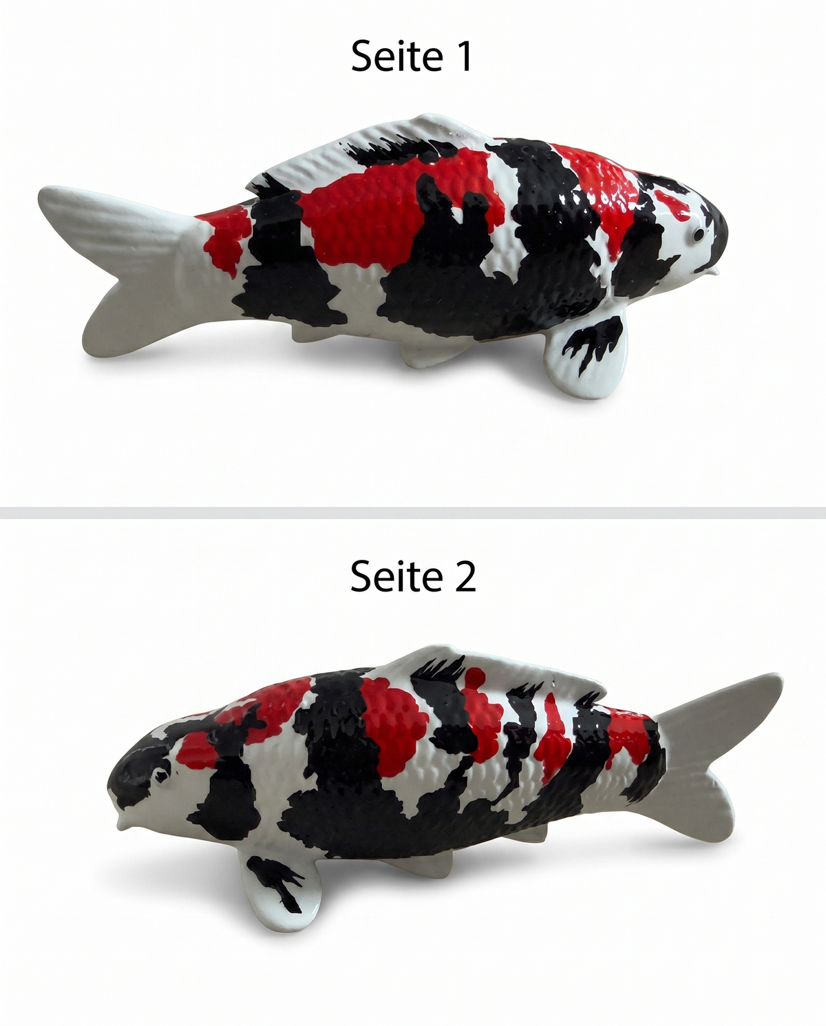 Handbemalte Showa Koi-Figur in zwei Seitenansichten mit rot-schwarz-weißer Farbgebung – besondere Karpfen-Figur und Japan-Deko für Wohnbereich, Regal, Garten oder Teichbereich