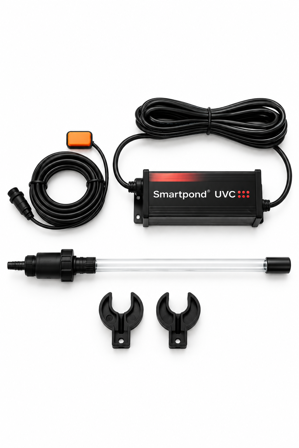 Smartpond EBF PROline UVC-Komplettset mit schwarzem Vorschaltgerät, UV-C-Strahler, aufgewickelten Kabeln und zwei Montageclips vor weißem Hintergrund