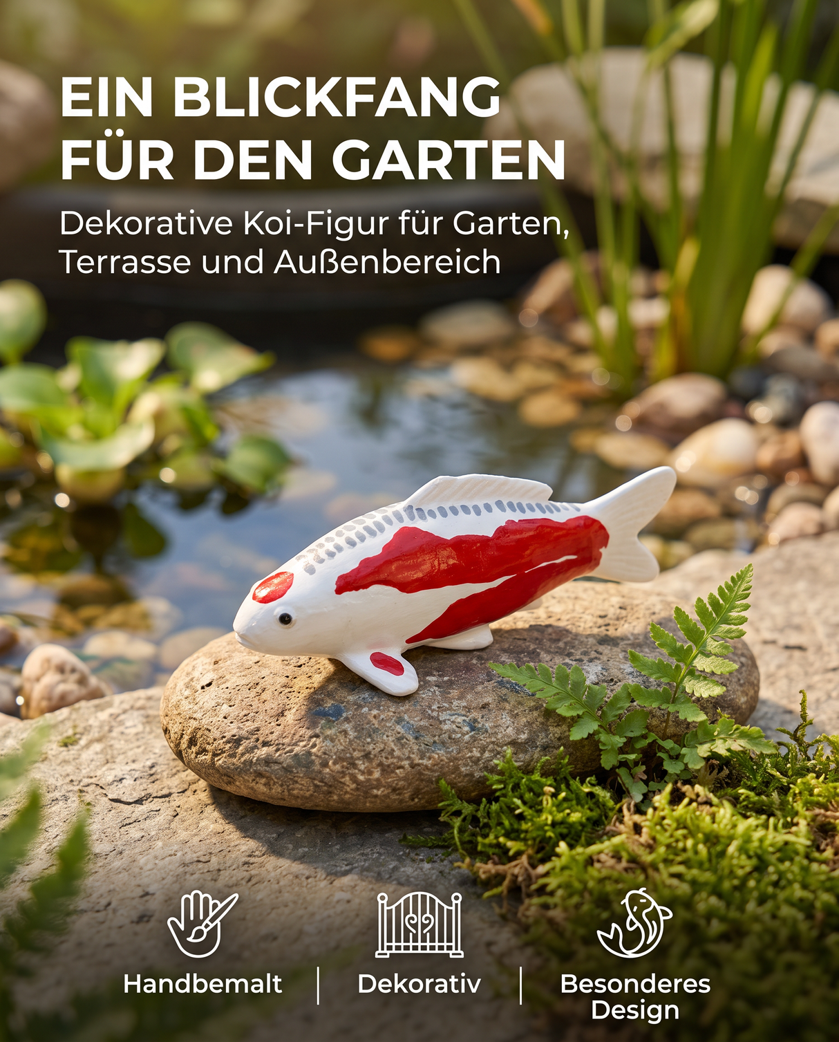 Handbemalte Tancho Shusui Koi-Figur als dekorativer Blickfang für Garten, Terrasse und Teichbereich