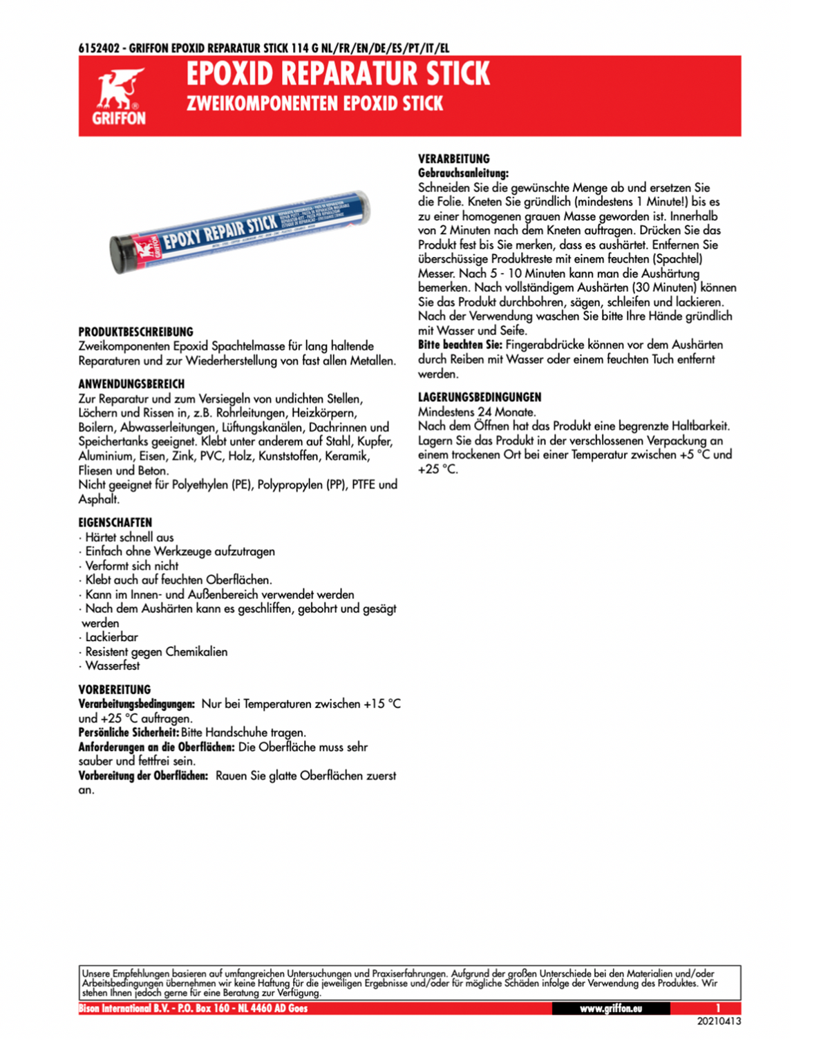 Bâton de réparation époxy Griffon