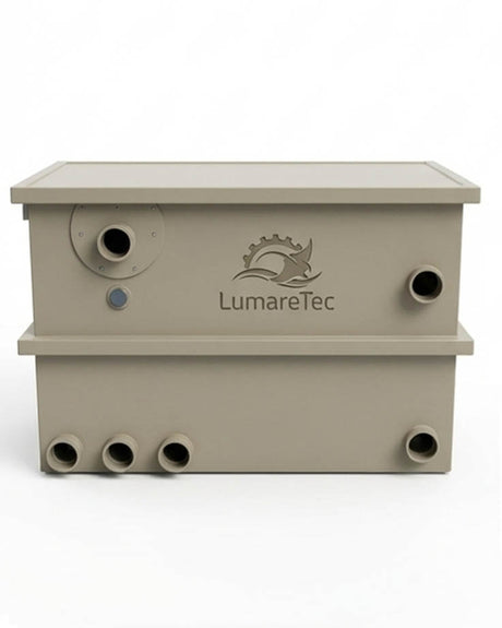 CLQ35B3 LumareTec Trommelfilter für Koi Teich Filteranlage Frontansicht mit seitlichen und unteren Anschlüssen in kompakter Bauweise