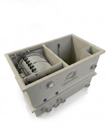 CLQ65B4 LumareTec Trommelfilter für Koi Teich Filteranlage Innenansicht schräg mit sichtbarer Trommel und Filterkammern