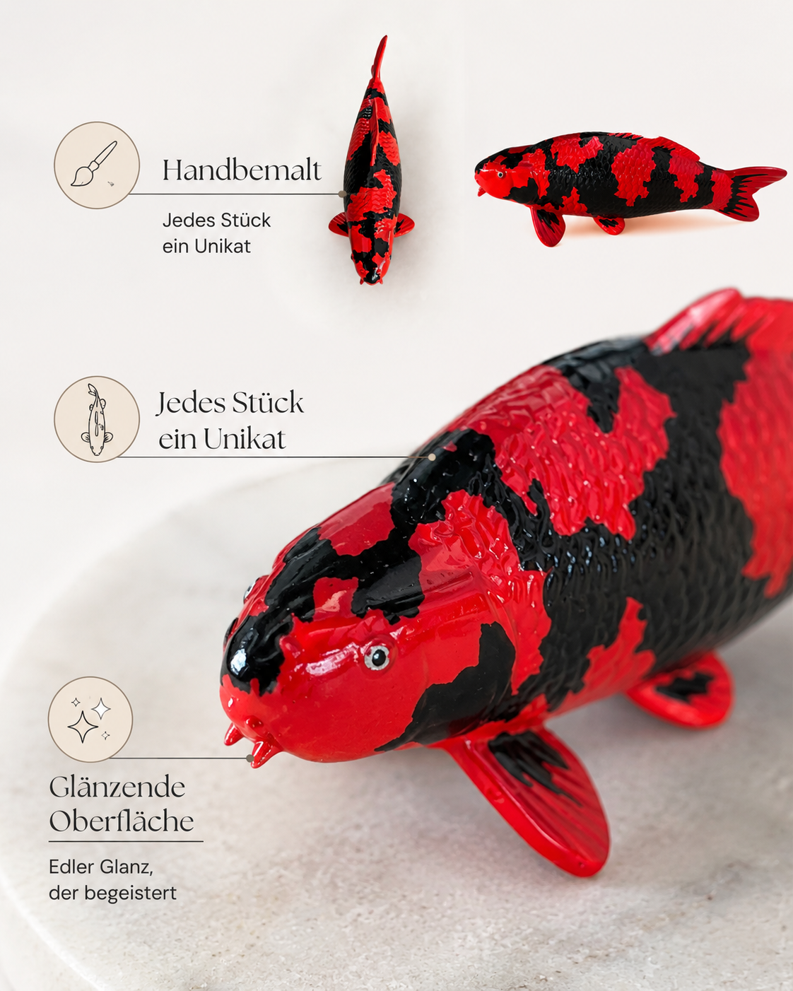 Limitierte Koi Figur Hi Utsuri – handbemalte Koi Figuren stilvolle Teich- & Gartendekoration