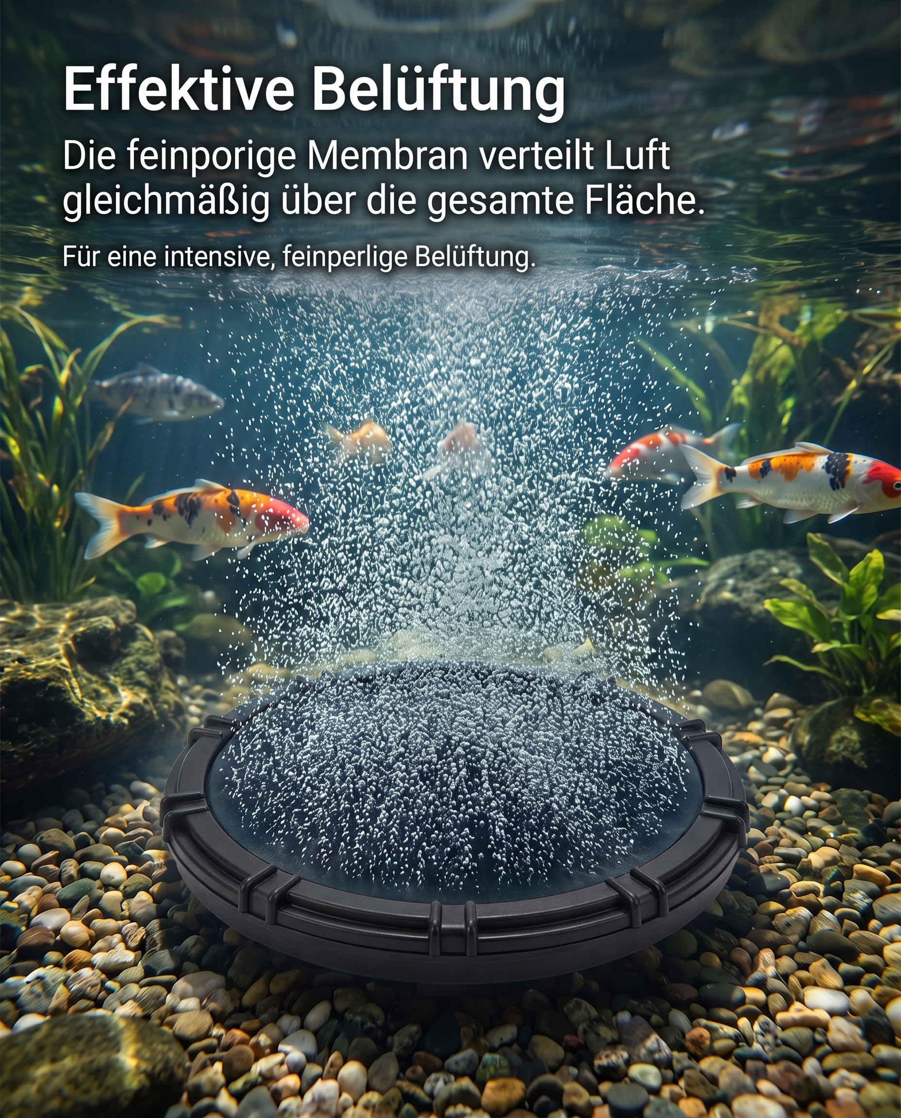 Teichbelüfter, EPDM Membran, Feinperlenbelüftung, Mikroblasen, Sauerstoffeintrag, Koiteich, Belüfterteller, Membranfläche, Wasserzirkulation, Gartenteich, Koi, Teichtechnik, Sauerstoffversorgung
